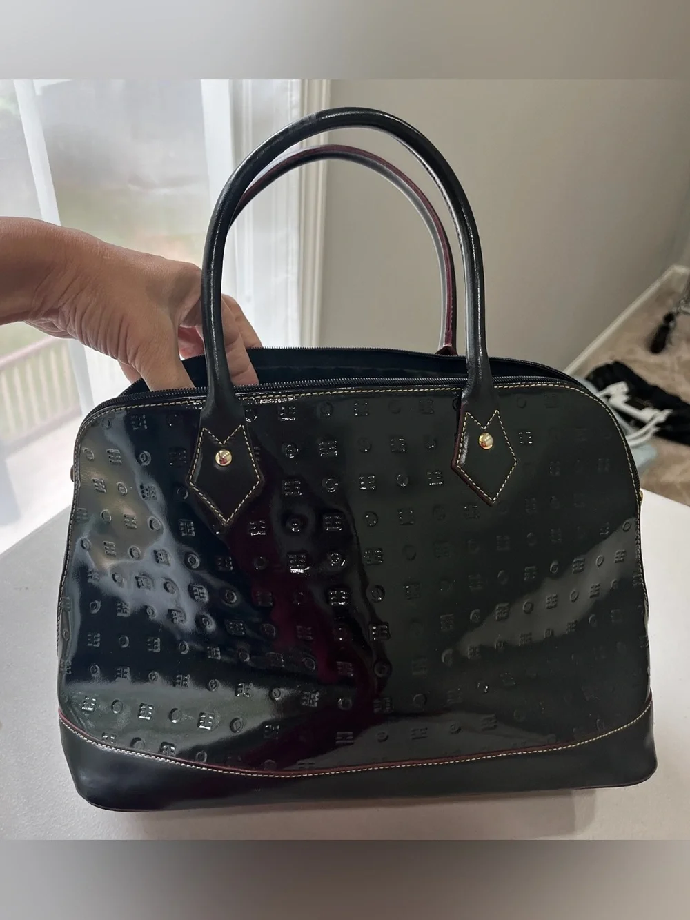 Arcadia Black Patent Leather Embossed Dome Satchel Bag Made in Italy